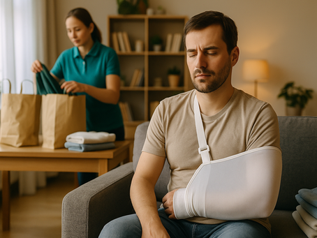 SEIDEL CARE Haushaltshilfe unterstützt einen jungen Mann nach Schulteroperation im eigenen Wohnzimmer – Einkaufstüten und Bandage sichtbar