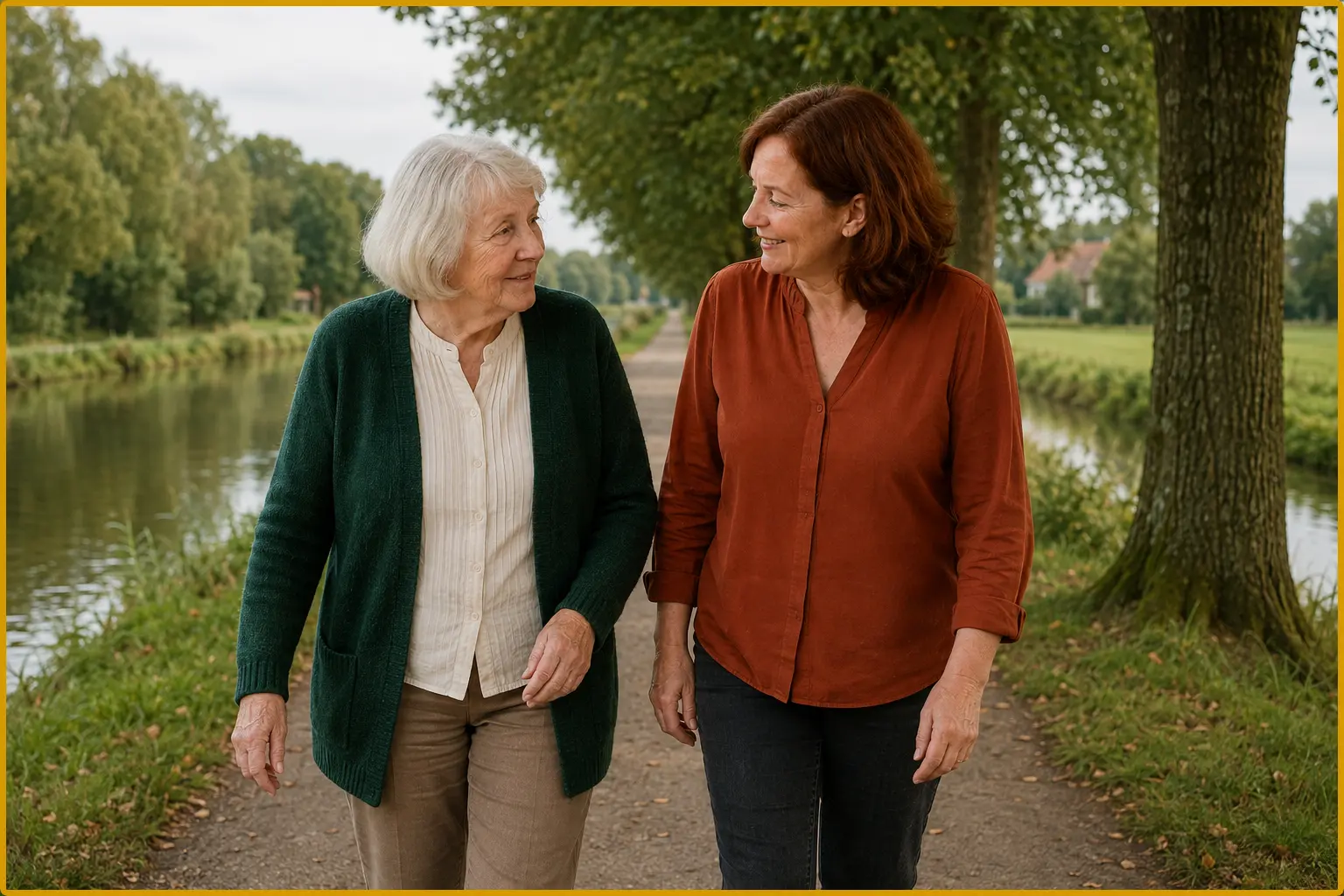 Eine Seniorin und eine Alltagshilfe gehen nebeneinander auf einem ebenen Weg an einem ostfriesischen Kanal entlang und unterhalten sich.