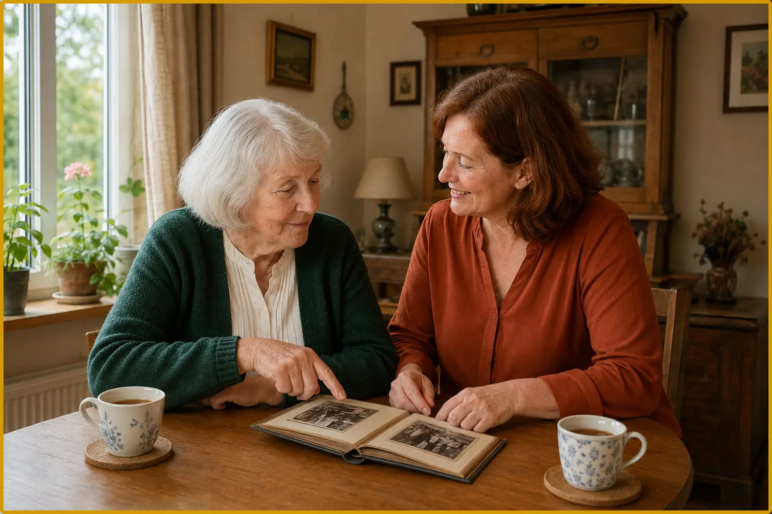 Eine Seniorin zeigt einer Alltagshilfe an einem Holztisch ein Foto in einem geöffneten Album; beide sprechen miteinander, daneben stehen zwei Teetassen.