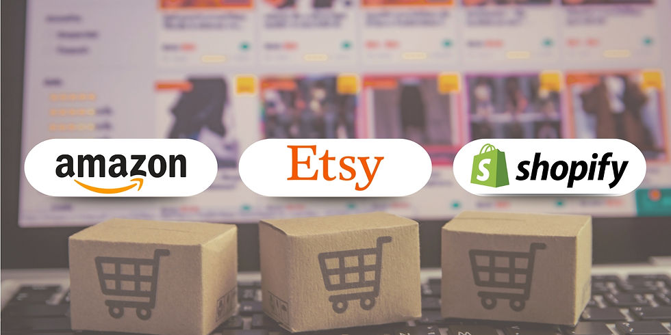 Amazon, Etsy, Shopify logolarıyla e-ticaret sitesi önizlemesi gösteren bir bilgisayar ekranı