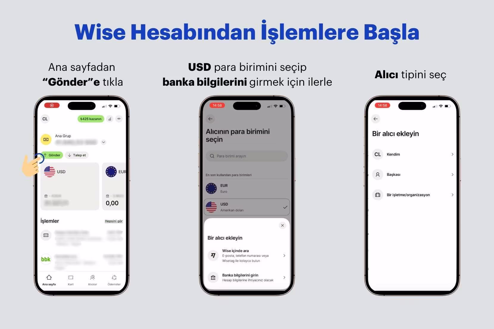 Wise hesabından işlemlere başlama ekranı