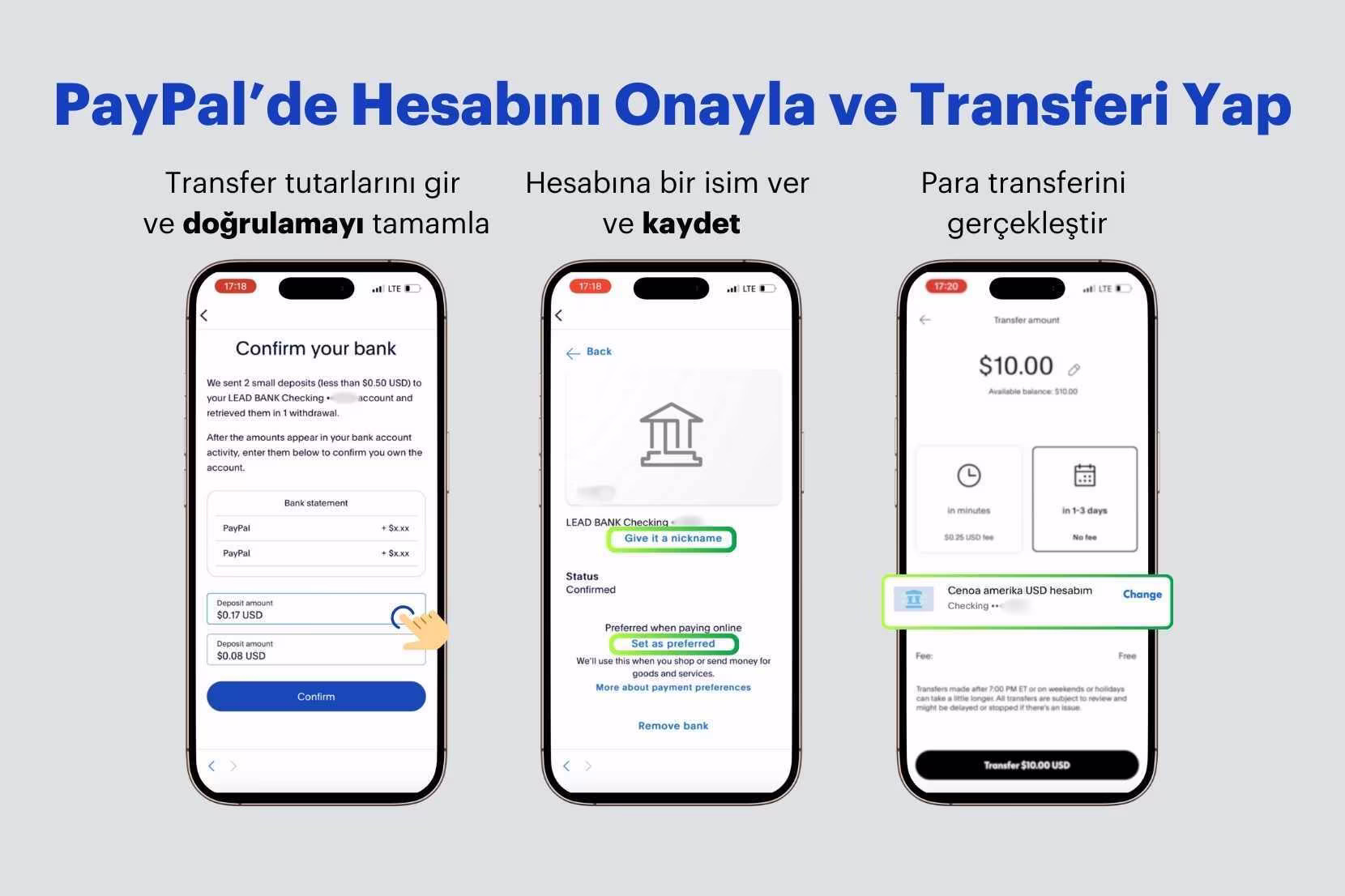 Paypal'de hesabını onaylama ve transfer gerçekleştirme ekranı
