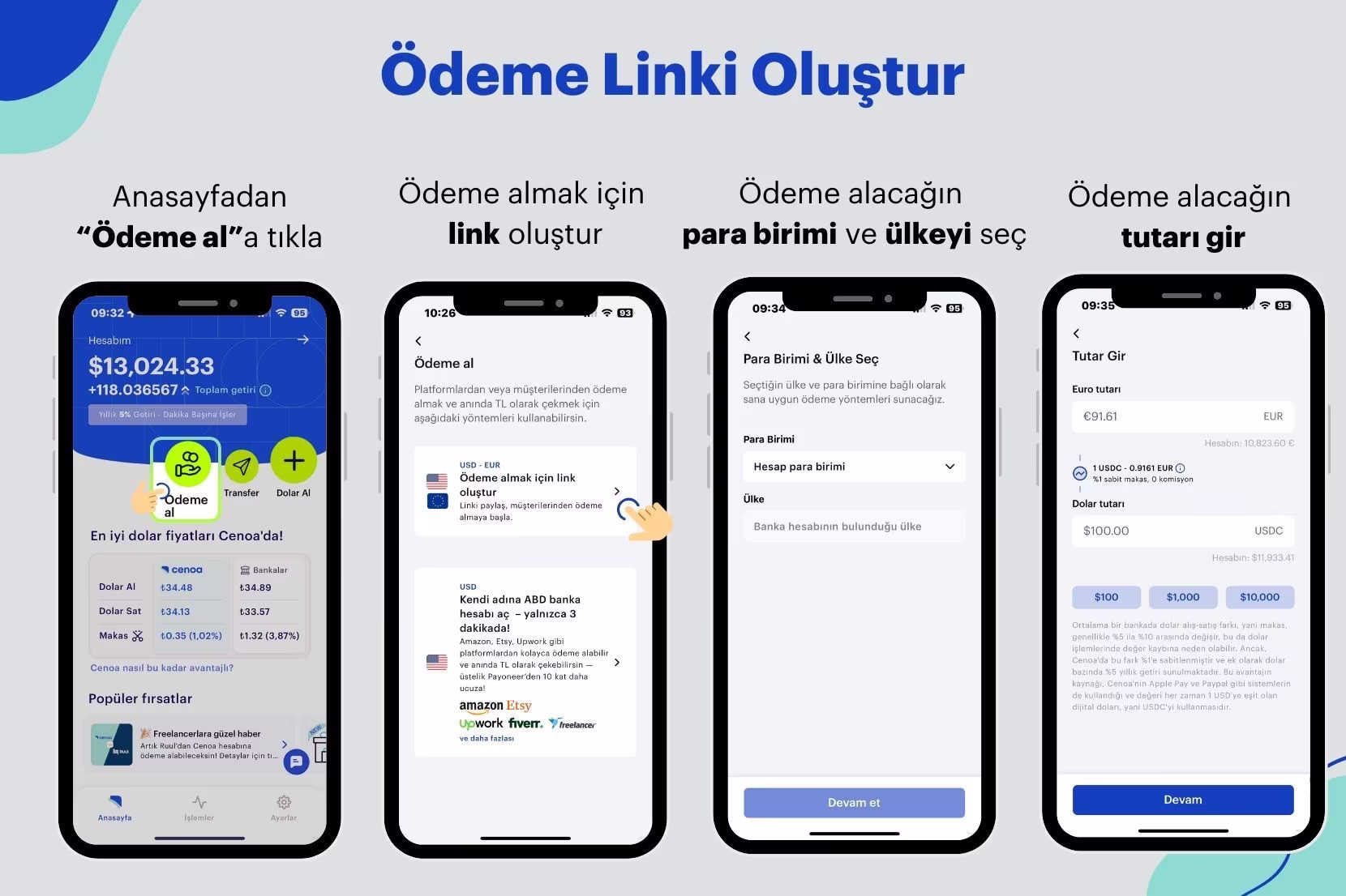 Cenoa uygulamasında ödeme linki oluşturma ekranı