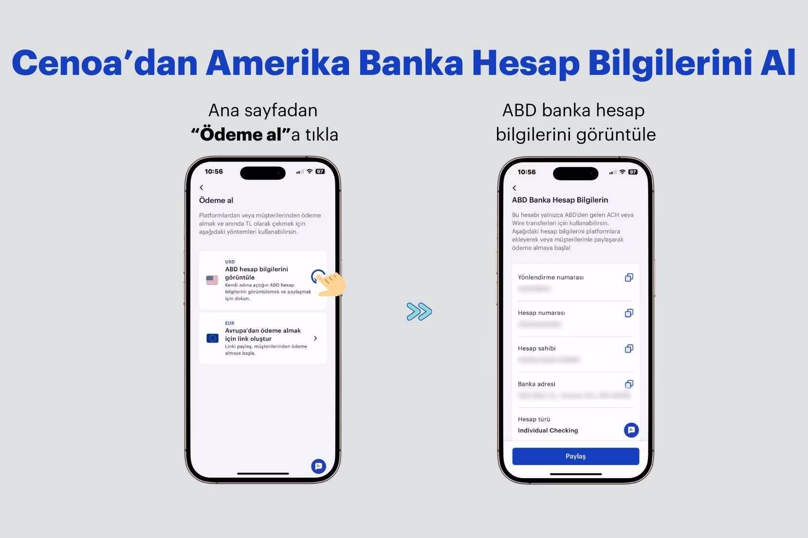 Cenoa uygulamasında ABD hesap bilgilerini görüntüleme ekranı