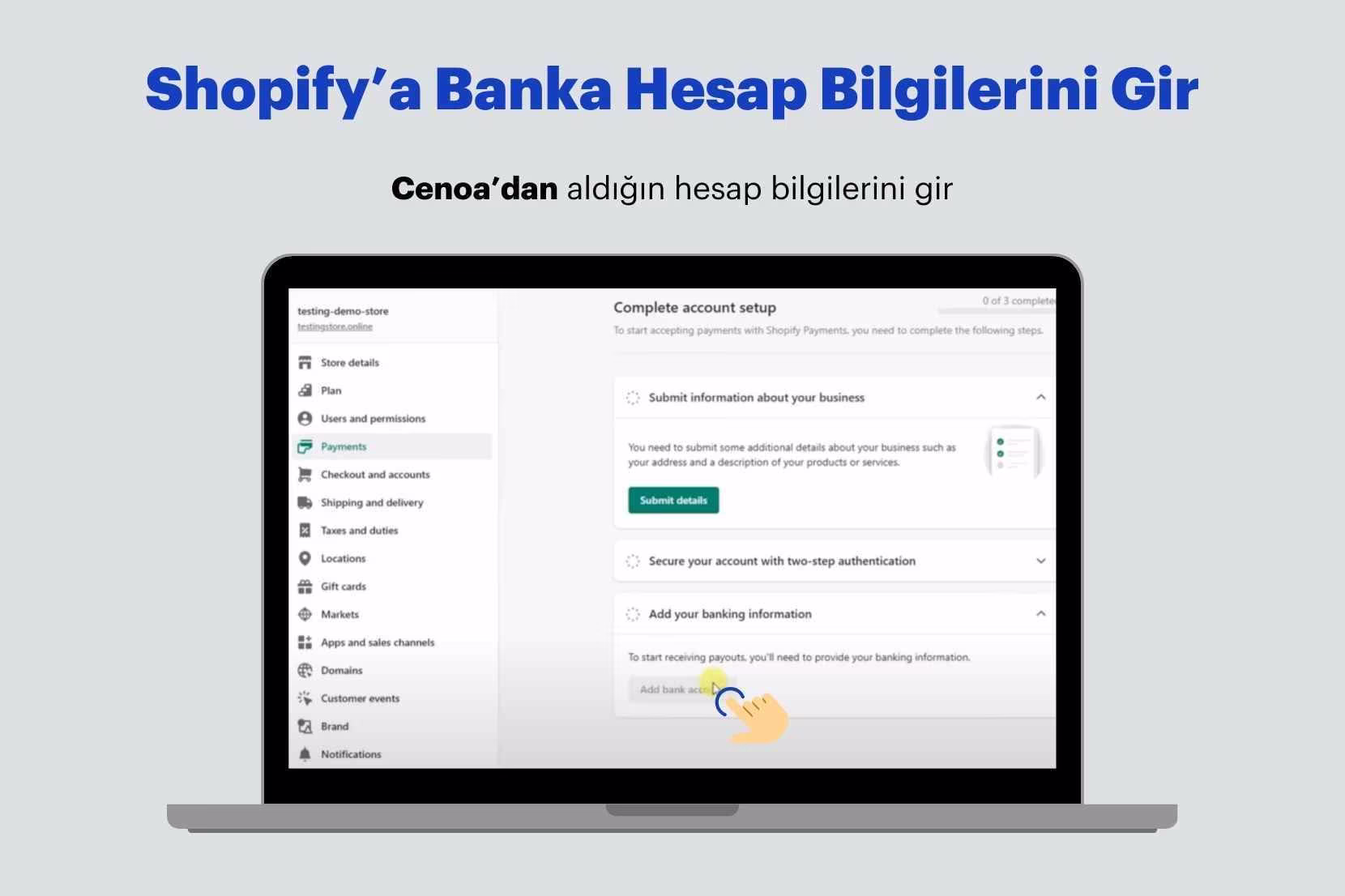 Cenoa ABD hesap bilgilerini Shopify'a yükleme ekranı