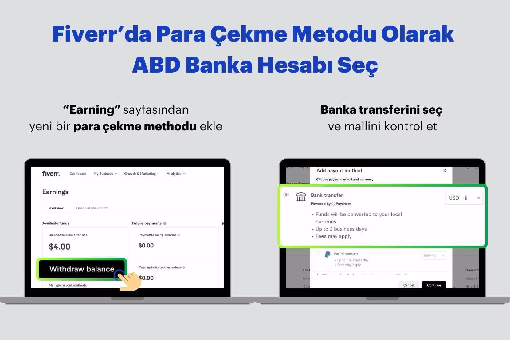 Fiverr'da para çekme metodu olarak Cenoa ABD hesabını ekleme ekranı