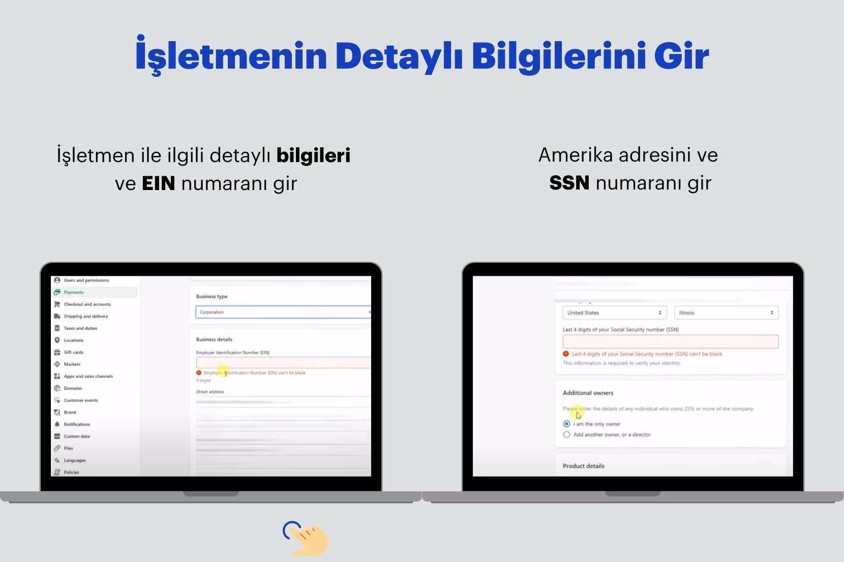 Shopify'da şirket bilgilerini girme ekranı