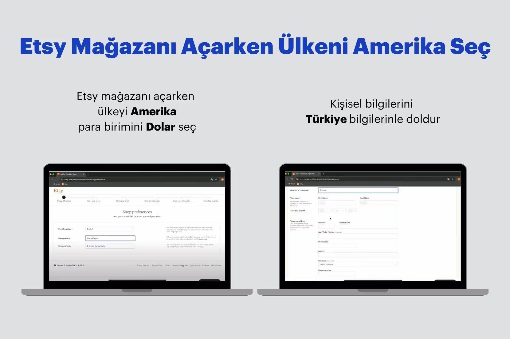 Etsy mağazasında ülke seçme ekranı
