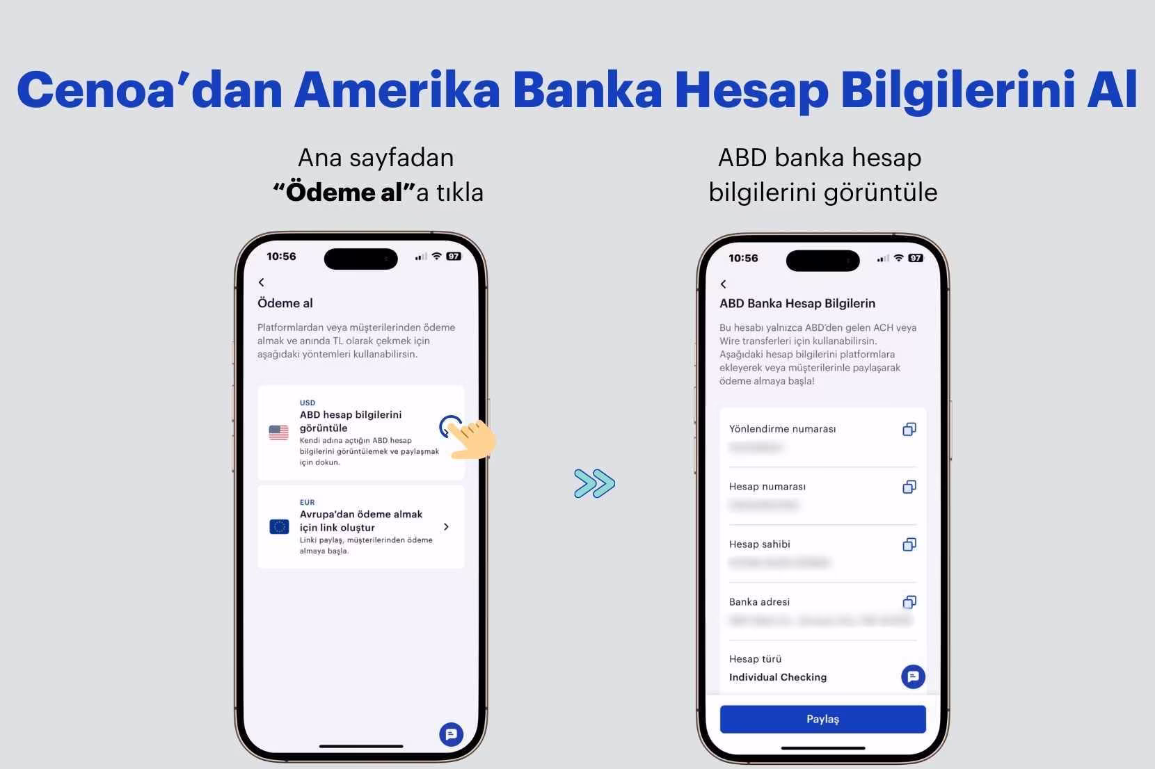 Cenoa uygulamasından ABD hesap bilgilerini alma ekranı