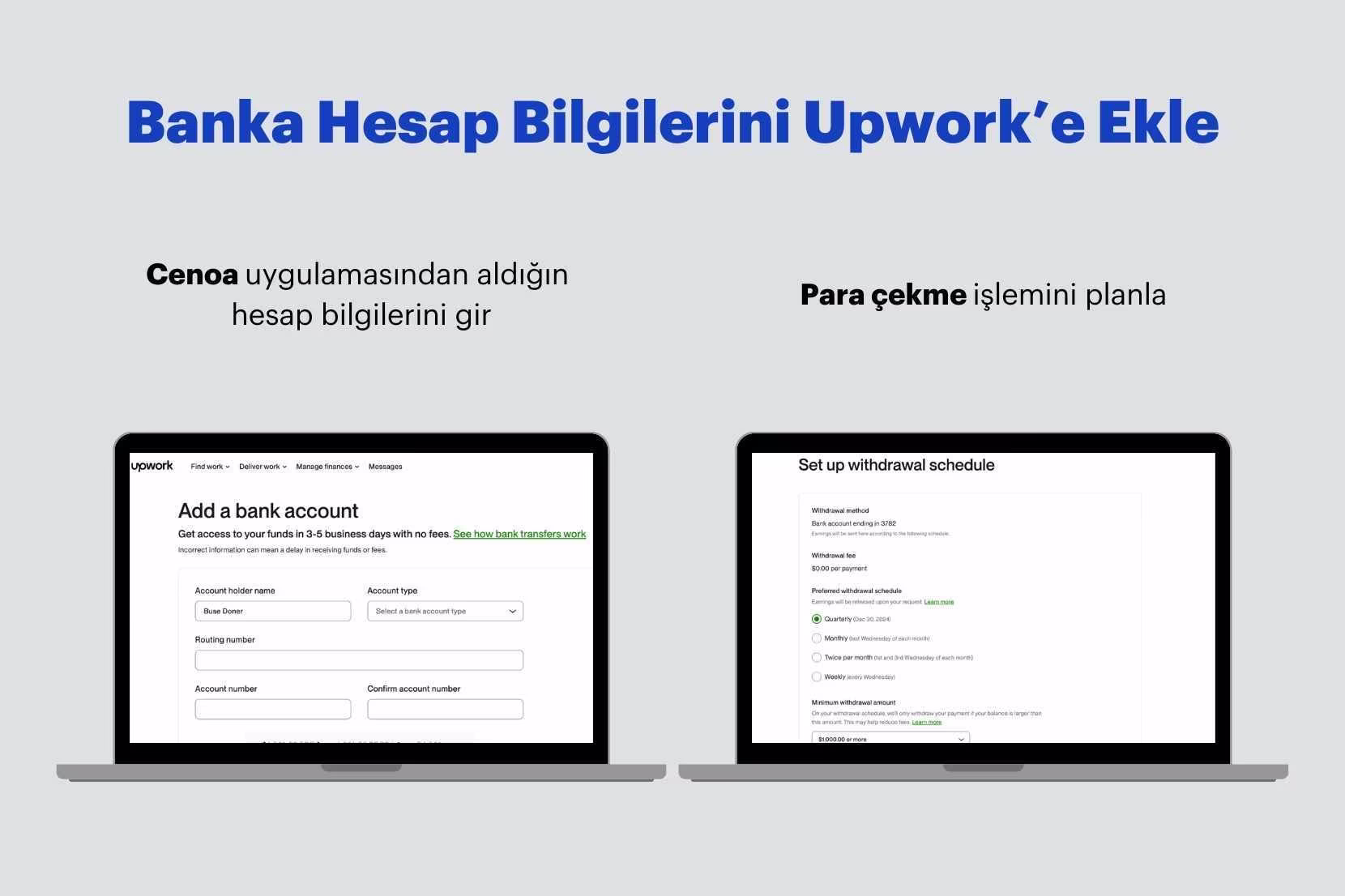 ABD hesap bilgilerini Upwork'e ekleme ekranı
