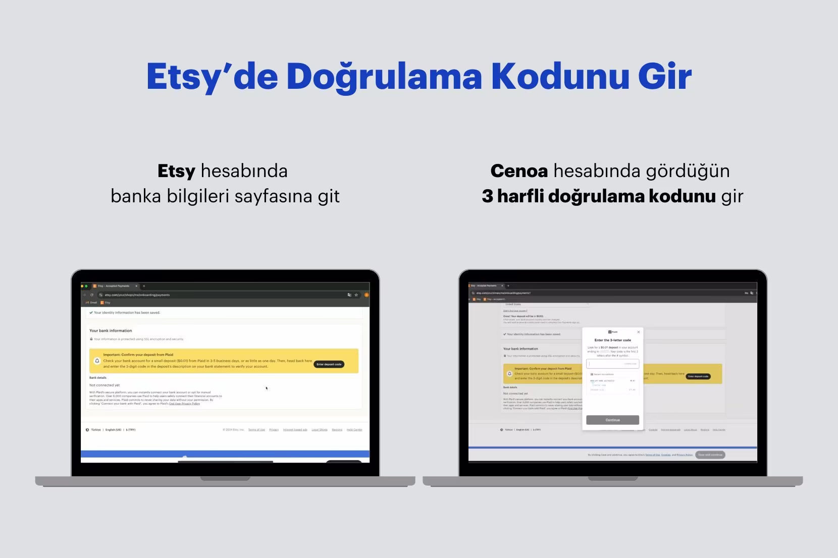 Etsy'de doğrulama kodu girme ekranı