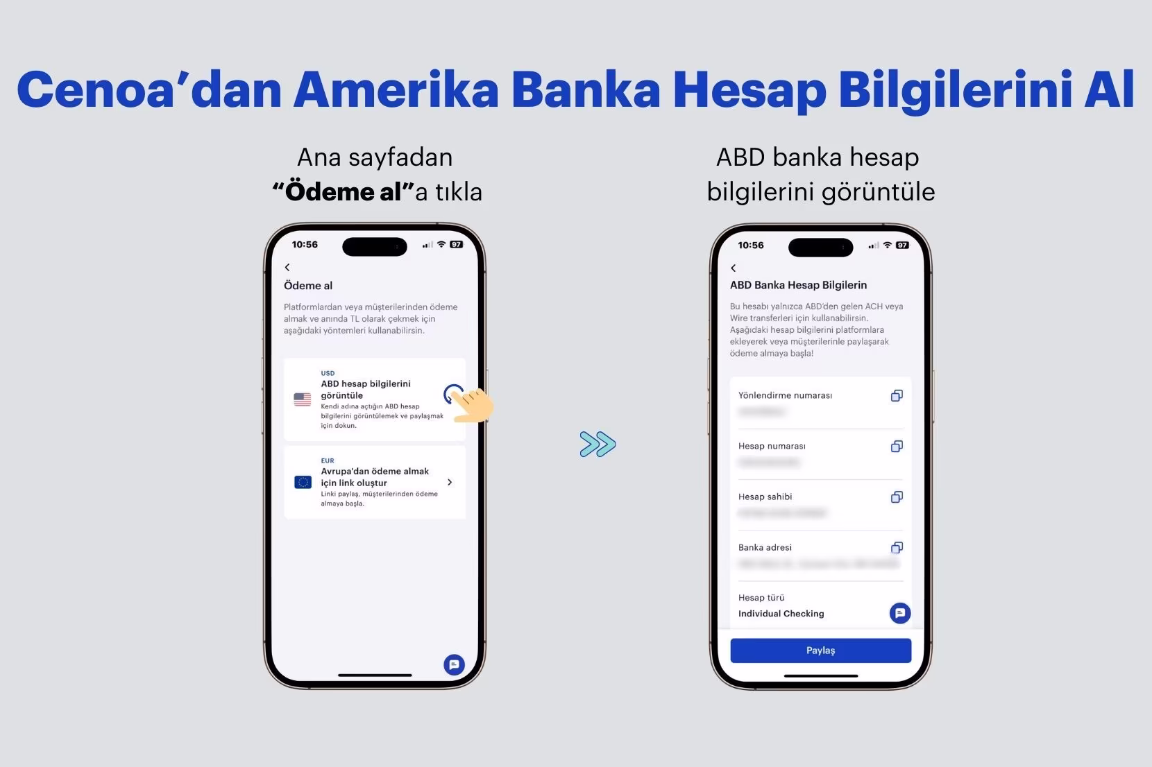 Cenoa uygulamasından ABD hesap bilgilerini görme ekranı