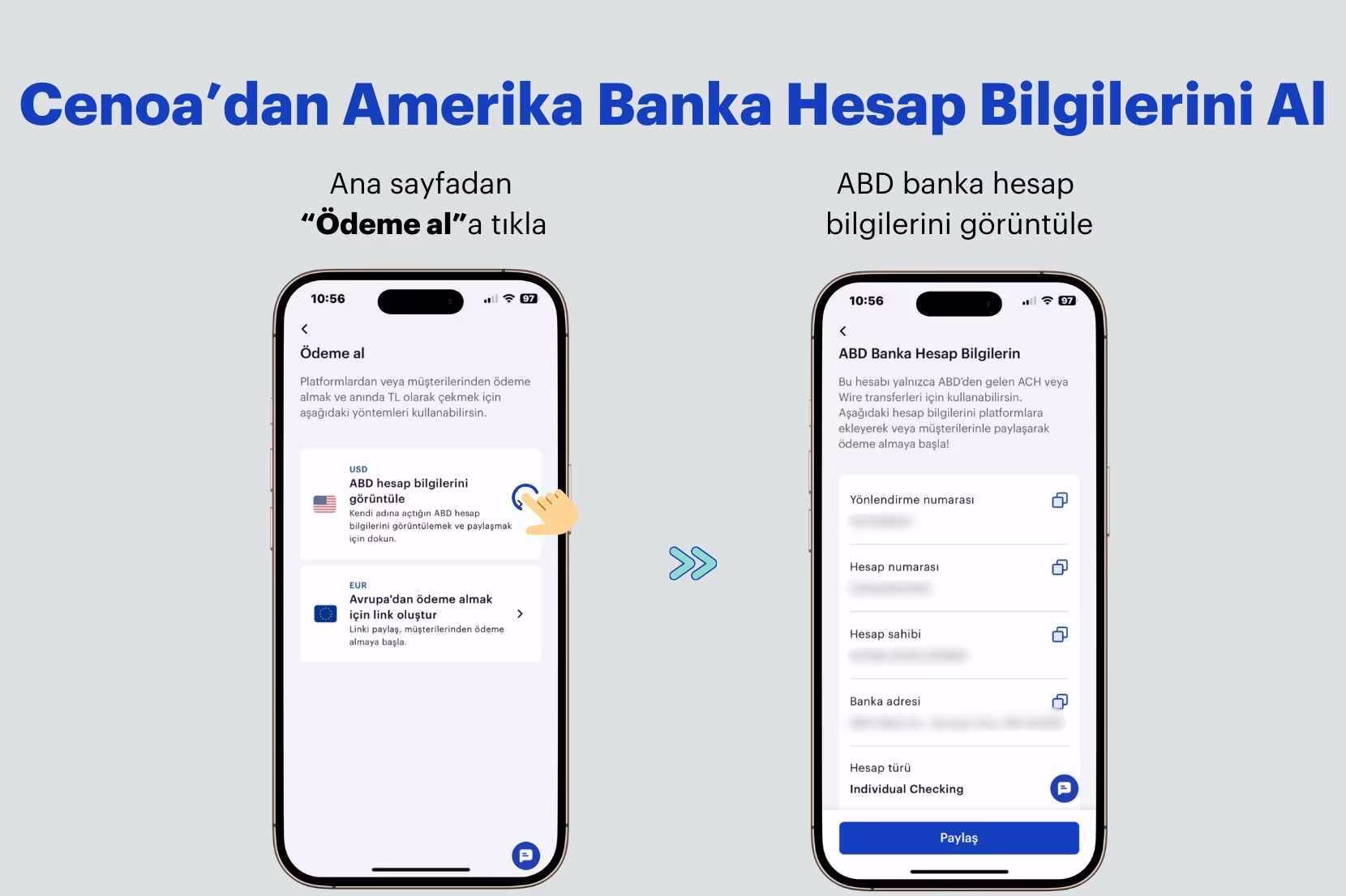 Cenoa uygulamasında ABD banka hesap bilgilerini görüntüleme ekranı