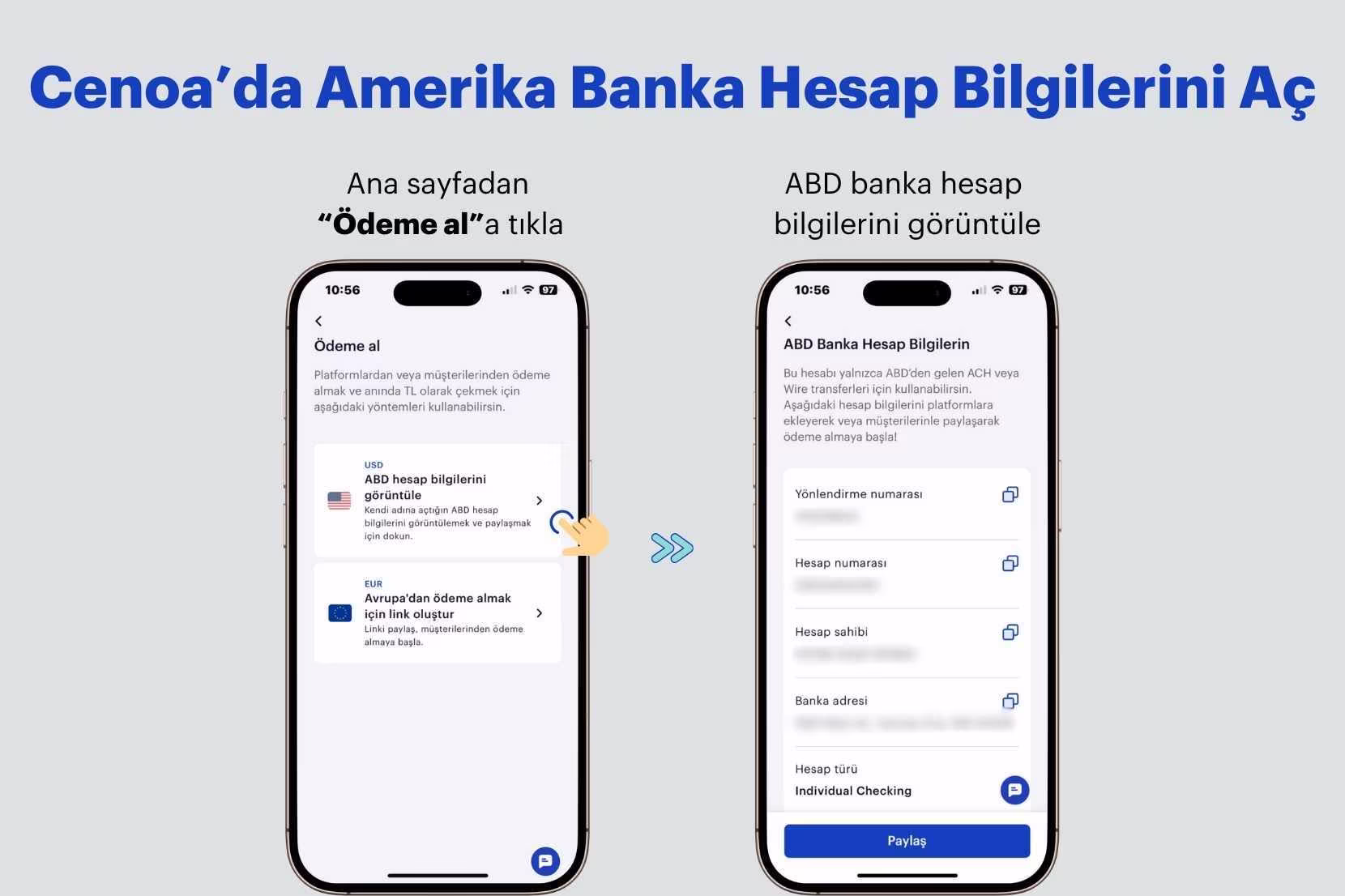 Cenoa uygulamasında ABD hesap bilgilerini görüntüleme ekranı