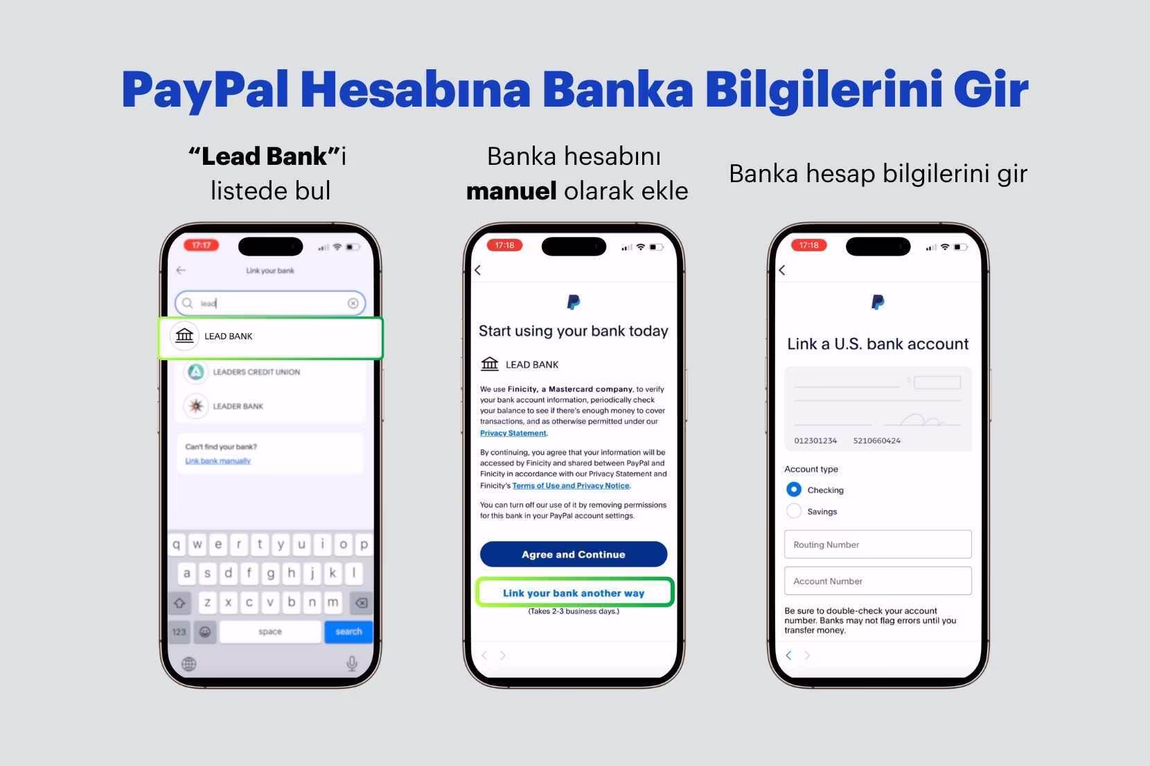 Paypal hesabında banka bilgilerini girme ekranı