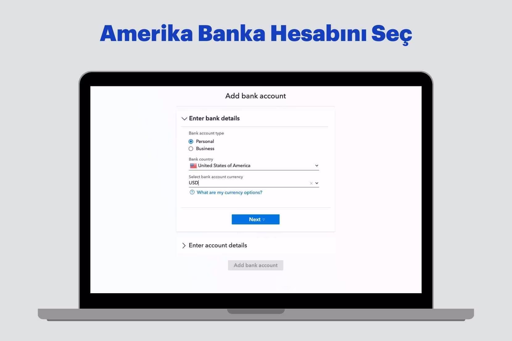 Payoneer'de ABD hesabını seçme ekranı