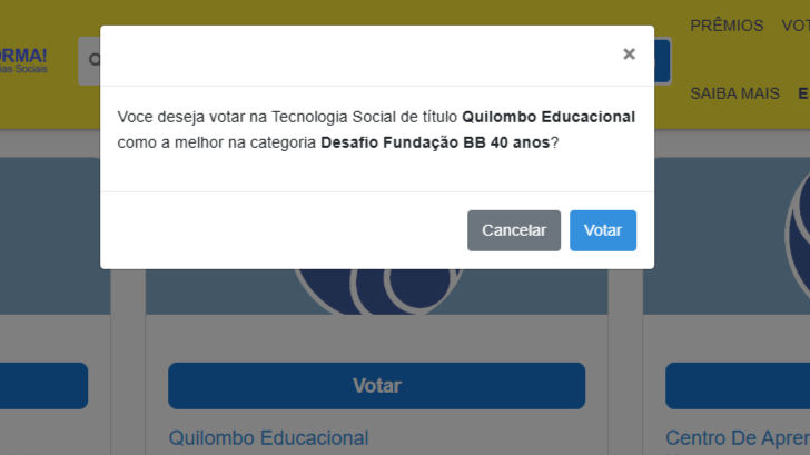 Pop-up de votação com mensagem sobre "Quilombo Educacional", botões "Cancelar" e "Votar" visíveis. Fundo azul e amarelo. Mood neutro.