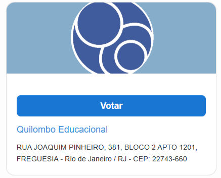 Logo azul com círculos brancos, botão azul escrito "Votar". Texto: "Quilombo Educacional", endereço no Rio de Janeiro/RJ.