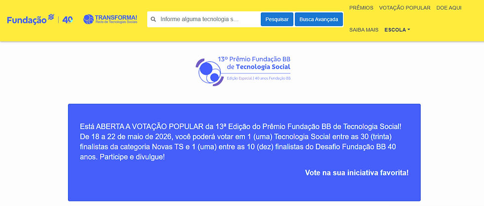 Banner amarelo e azul anuncia a abertura da votação popular para o "13º Prêmio Fundação BB de Tecnologia Social," de 18 a 22 de maio de 2026.