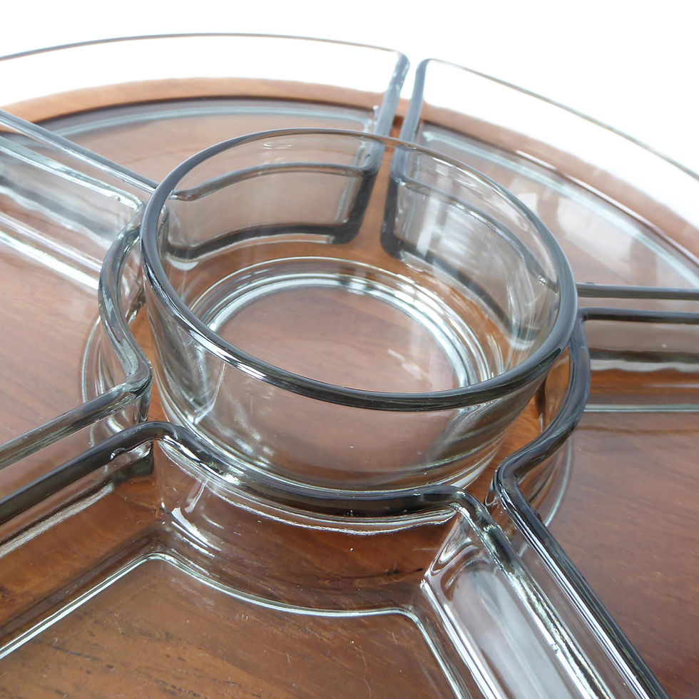 Thumbnail: Mid century Digsmed Denmark Lazy Susan tray. Rotating teak & glass party food