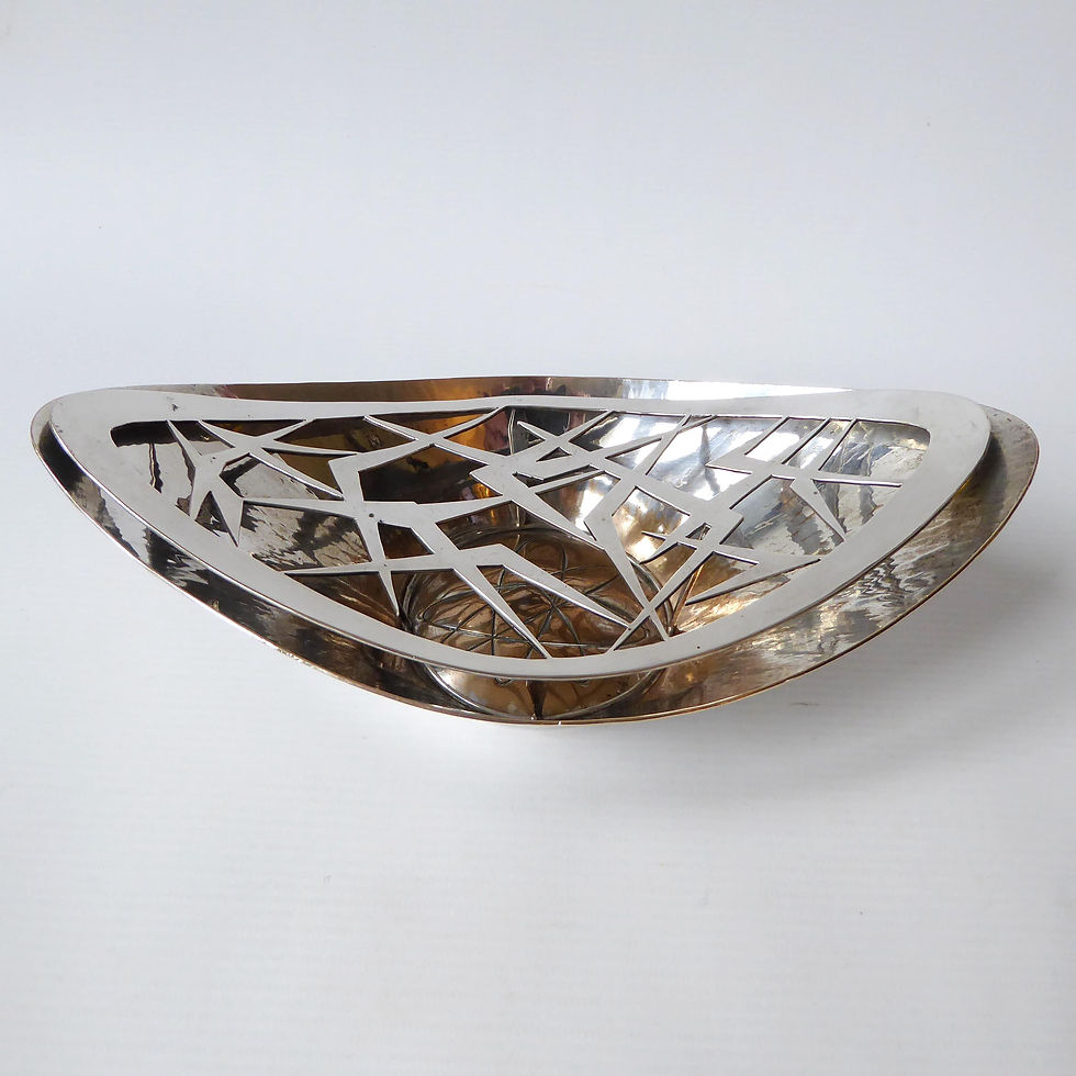 Thumbnail: 1950s Atomic silver-plated metalwork techniques sampler. Handmade oval bowl