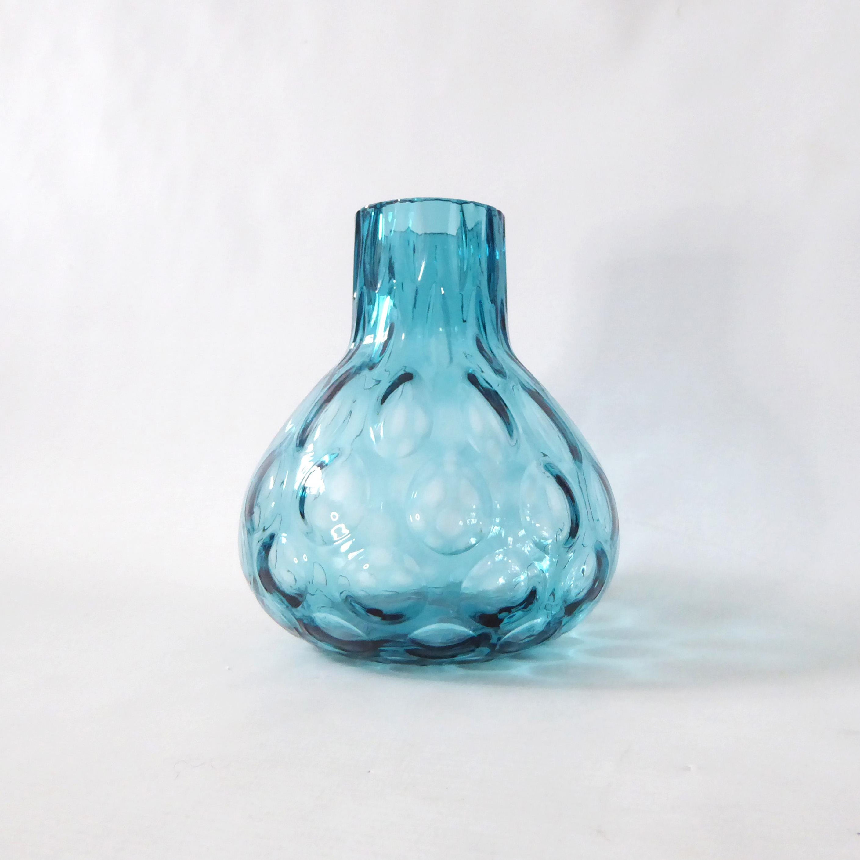 Borske Sklo turquoise blue art glass onion vase. Vintage 1960s 1970s Czech