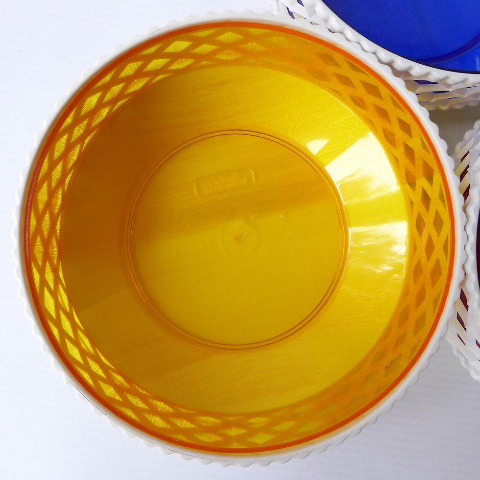 Thumbnail: Dialene Better Maid vintage trio of plant pot holders. Yellow, blue, red plastic