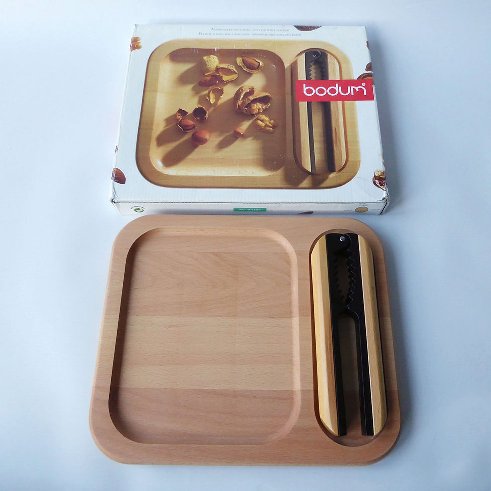 Thumbnail: 1980s Bodum Danish designer nutcrackers + nut dish. Retro beech wood & black