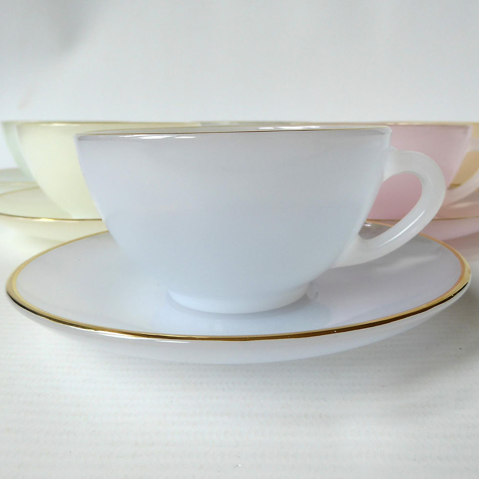 Thumbnail: Arcopal Harlequin 6 opal cups & saucers. Vintage/retro 1960s. French Opale glass