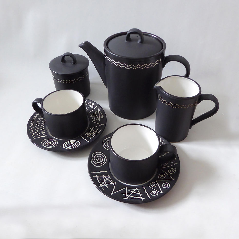 Thumbnail: Habitat Scraffito tea coffee set. 2 cups & saucers, teapot, sugar bowl, milk jug