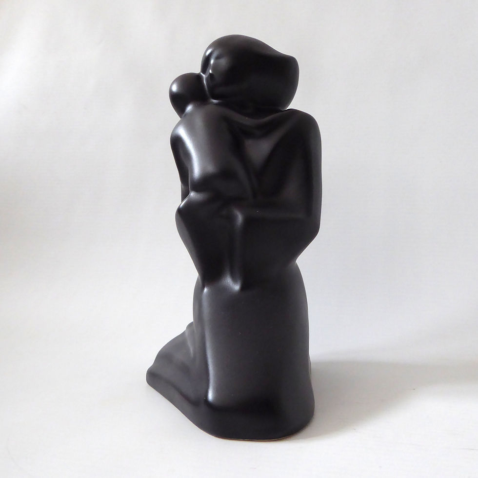 Thumbnail: Modernist stylised ceramic mother & baby sculpture. Vintage retro matt black