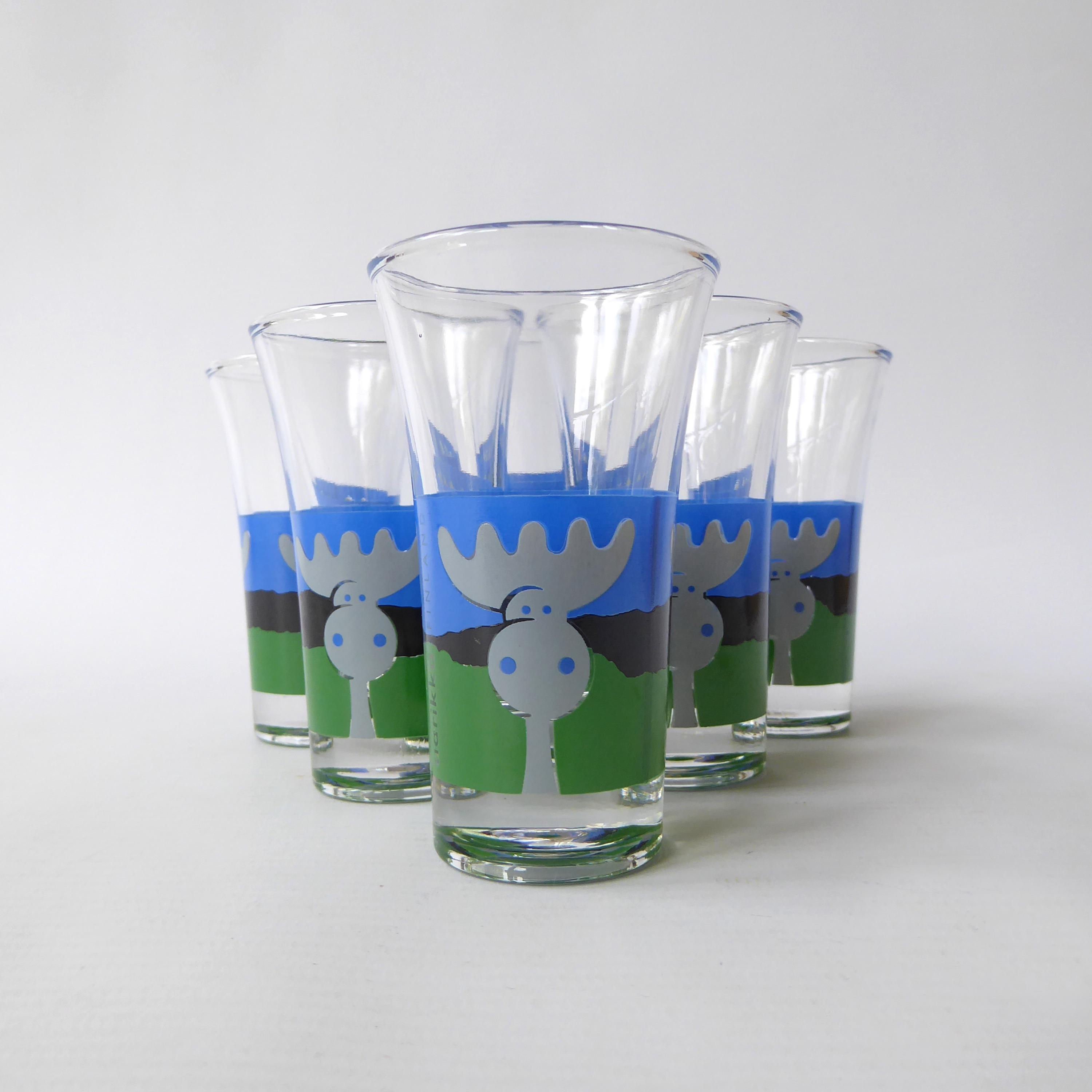 Set 6 Aarikka Finland small glasses. Boxed bright moose Nordic design