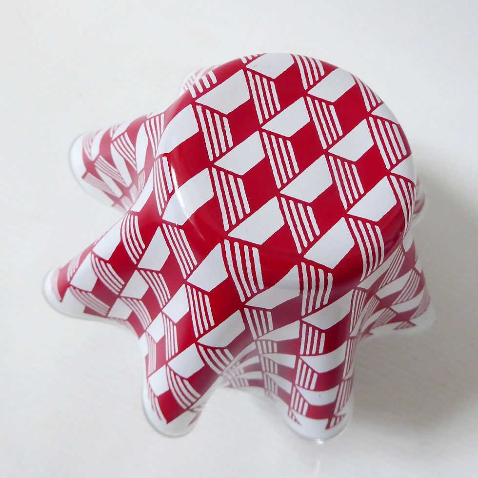 Thumbnail: Vintage Chance Glass handkerchief Escher or Carré vase. 4" red geometric