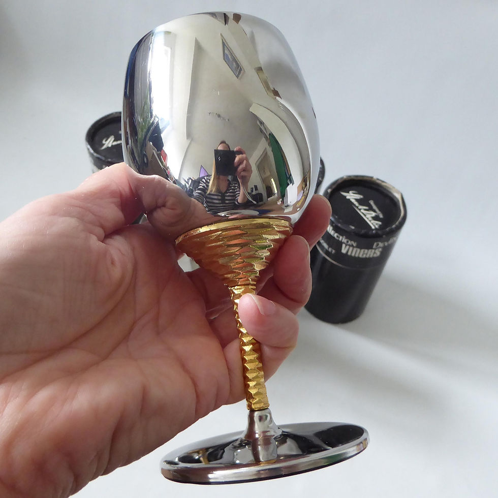 Thumbnail: 4 boxed Stuart Devlin for Viners wine goblets. 1970s modernist, brutalist