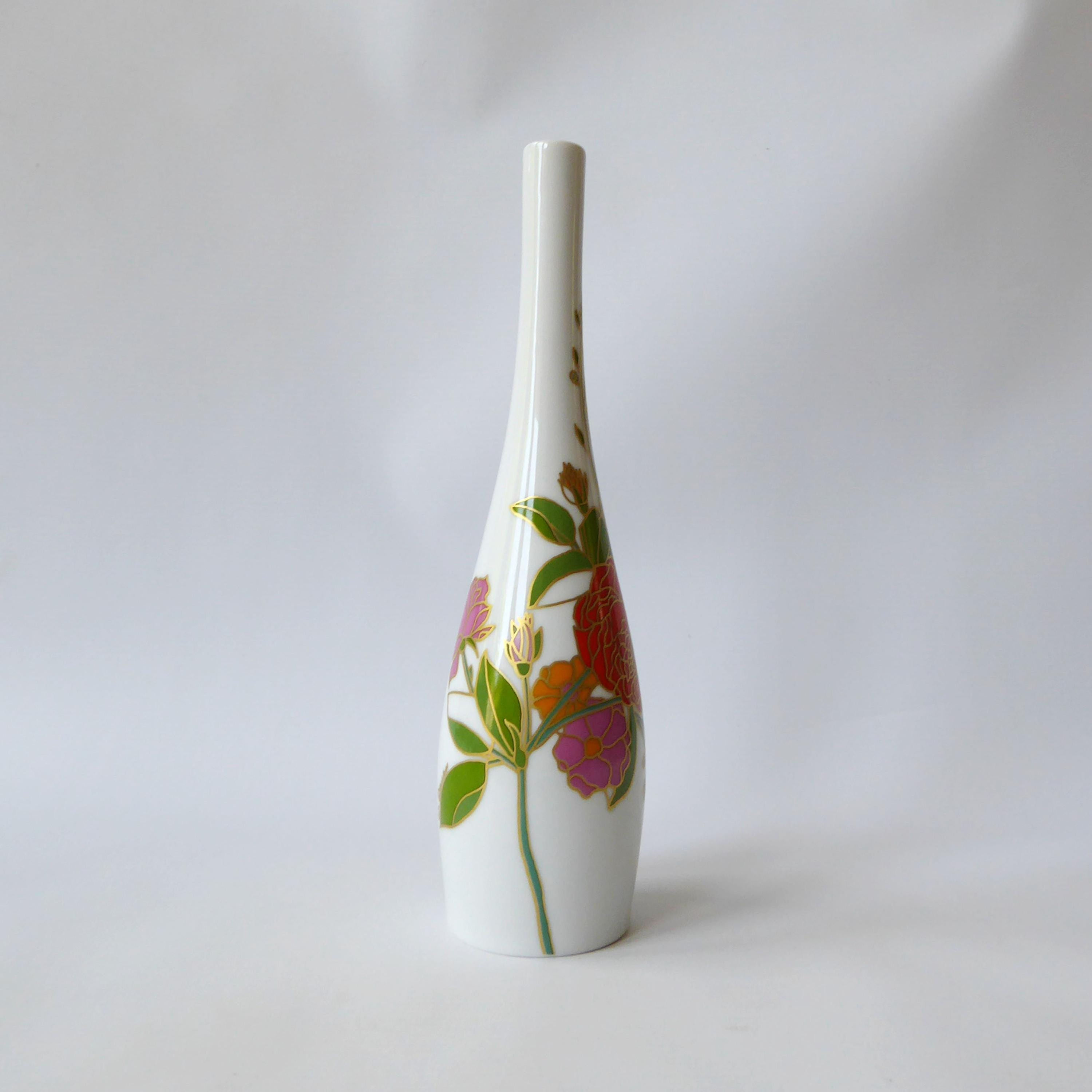 Vintage Rosenthal porcelain bud stem vase, Wolf Bauer. White + gold flower