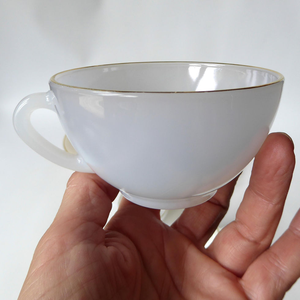 Thumbnail: Arcopal Harlequin 6 opal cups & saucers. Vintage/retro 1960s. French Opale glass