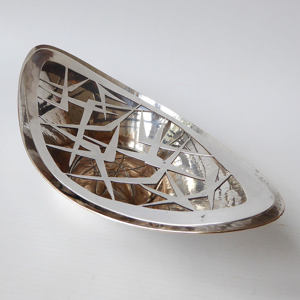 Thumbnail: 1950s Atomic silver-plated metalwork techniques sampler. Handmade oval bowl