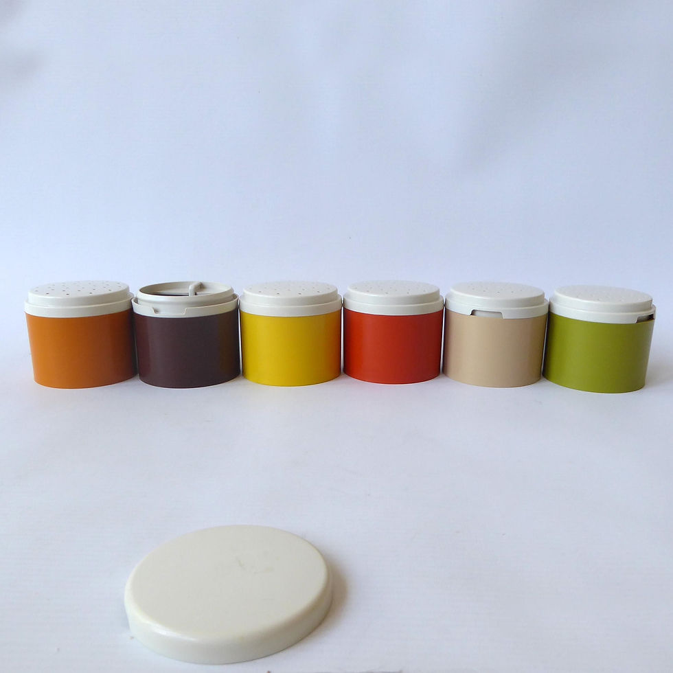 Thumbnail: Retro Tupperware stacking spice pots. 6 lidded 1970s plastic containers/storage