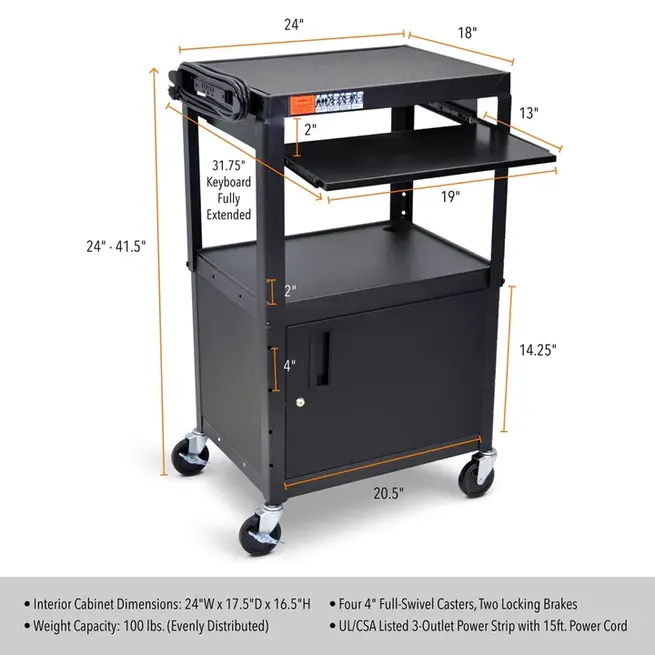 Diagram of a rolling desk product with labeled height, width, and shelf measurements.