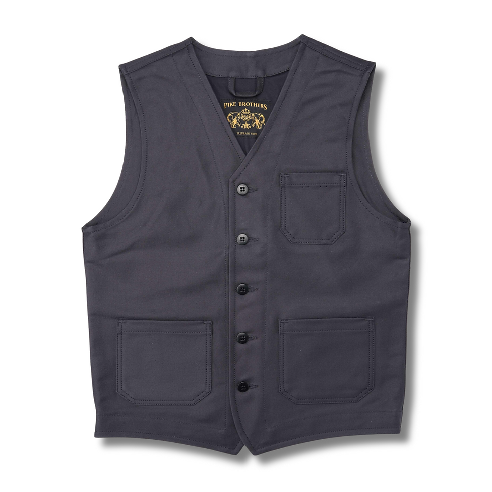 Gilet gris modèle : 1937 Roamer Vest Elephant Skin asphalt grey de Pike Brothers vue de face fermé