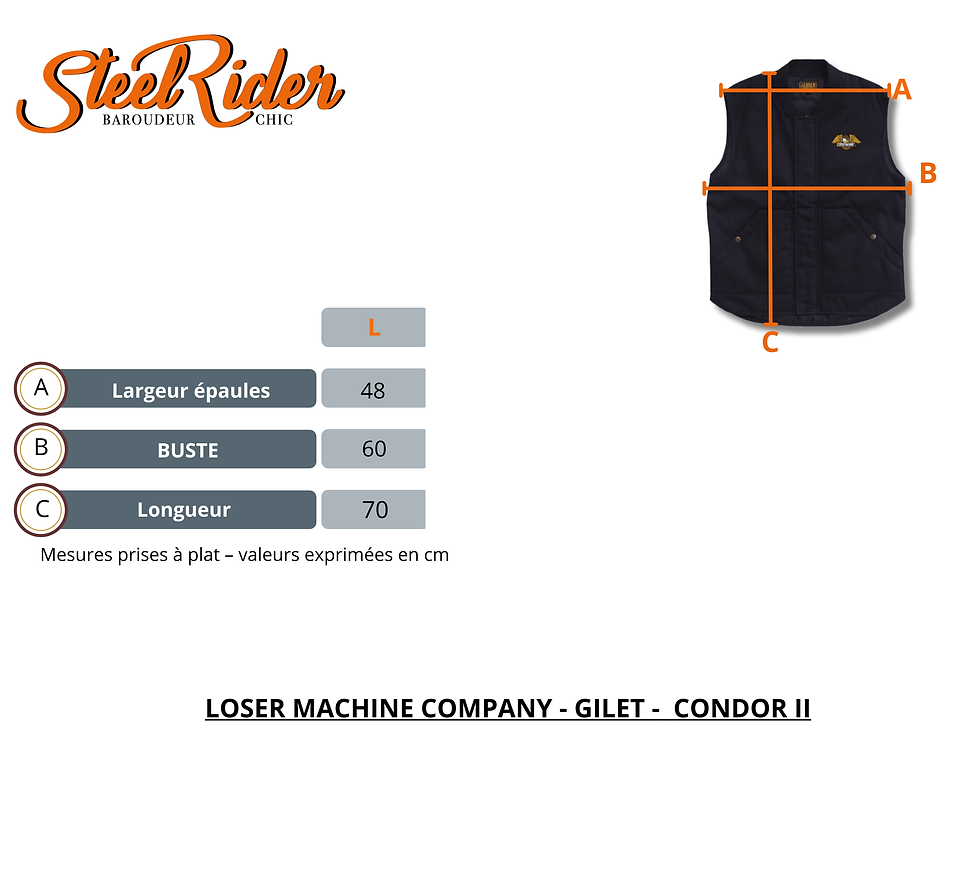 Miniature : Gilet sans manches homme modèle: Condor II de LOSER MACHINE COMPANY  guide de taille