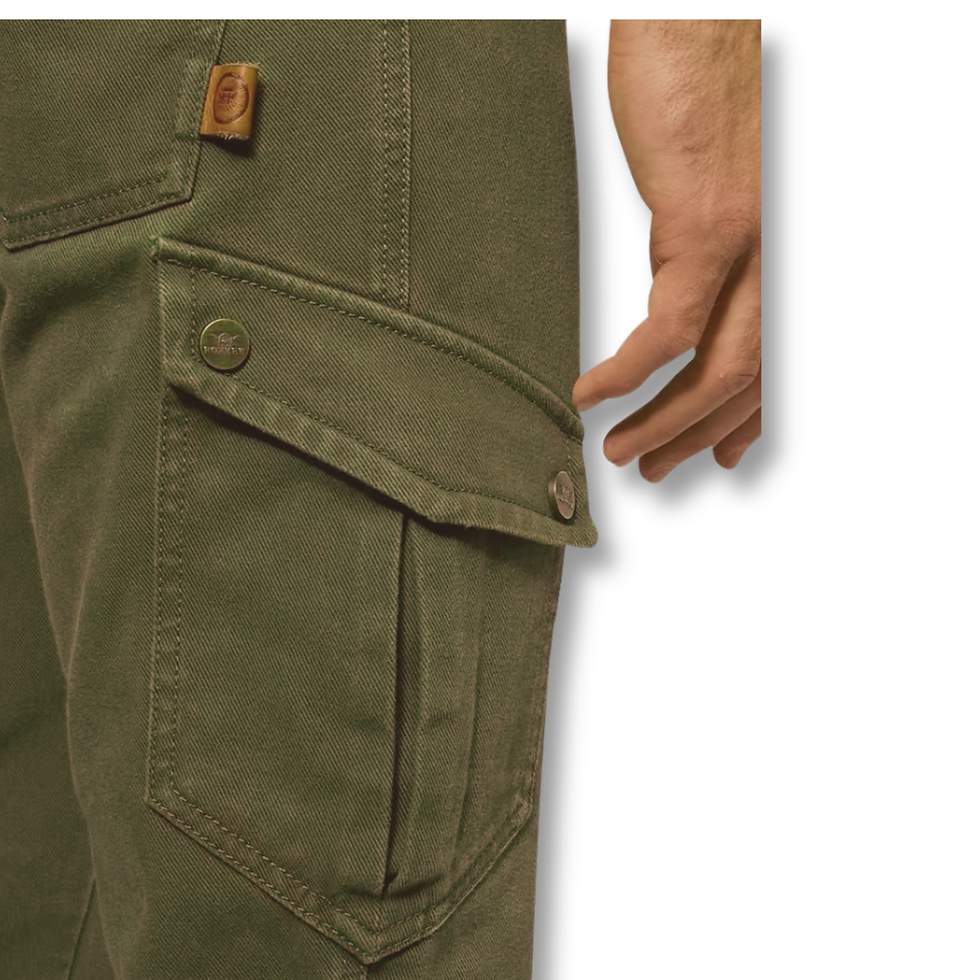 Miniature : Détail poche cargo plaquée avec bouton-pression ROKKER - Pantalon moto Cargo Slim Olive