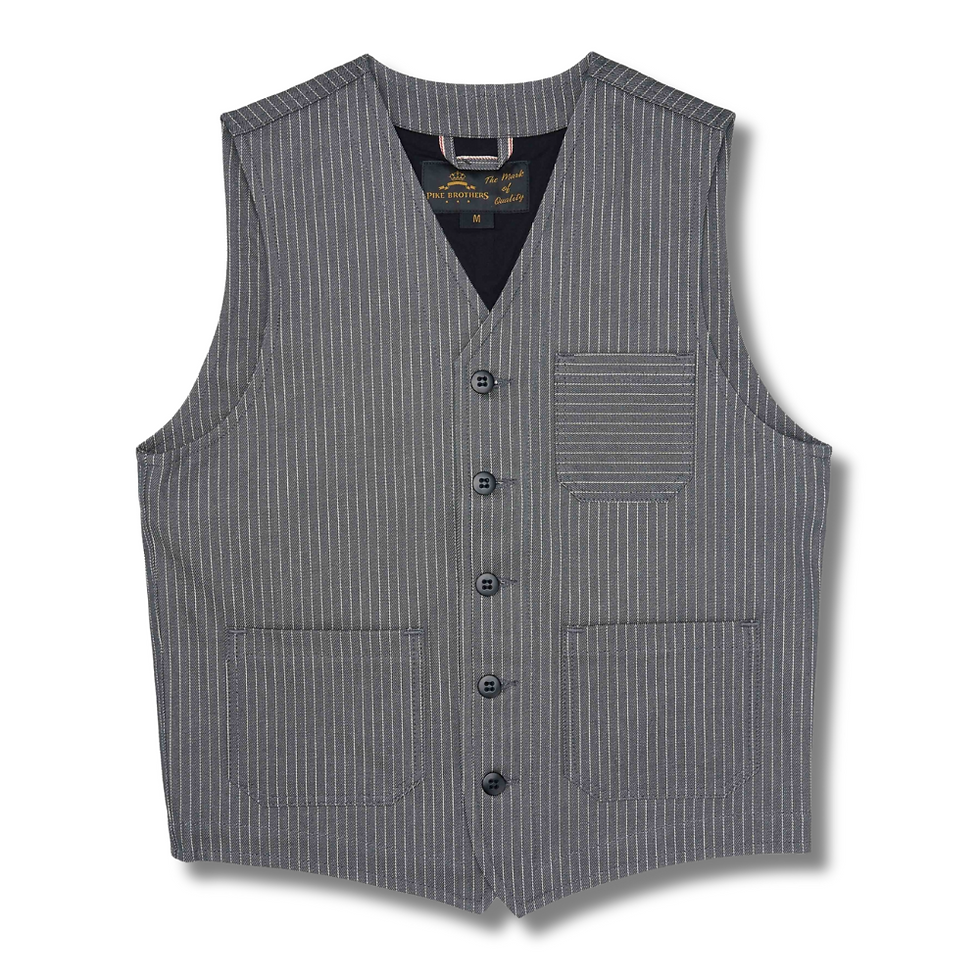 Gilet sans manche gris a rayure modèle: 1937 Roamer Vest grey wabash de Pike Brothers vue de face fermée