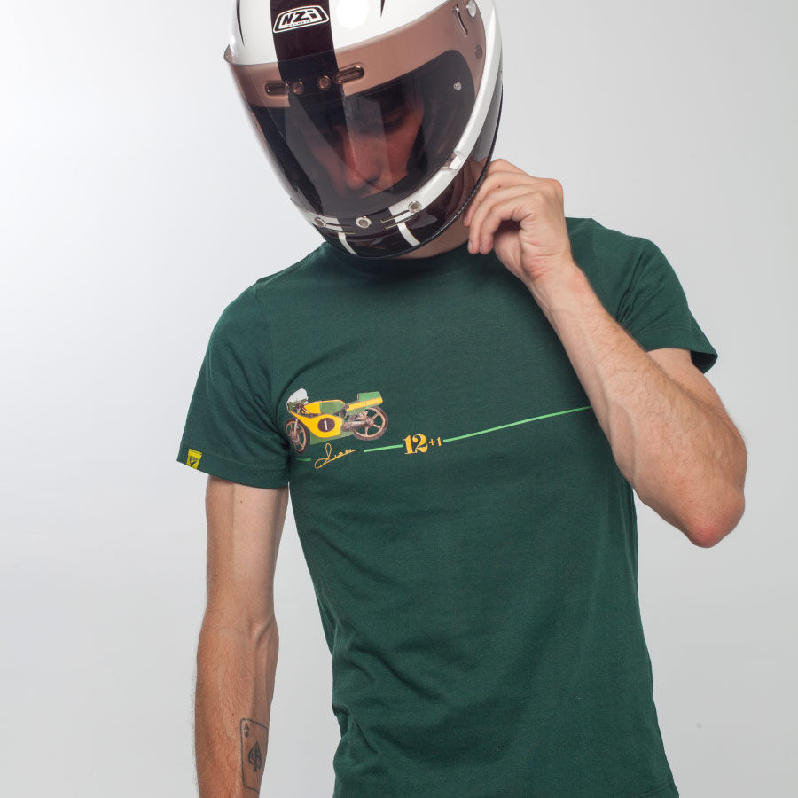 Miniature : T-shirt manches courtes  modèle MINARELLI 12+1 en vert de By City avec impression moto poitrine vue sur mannequin