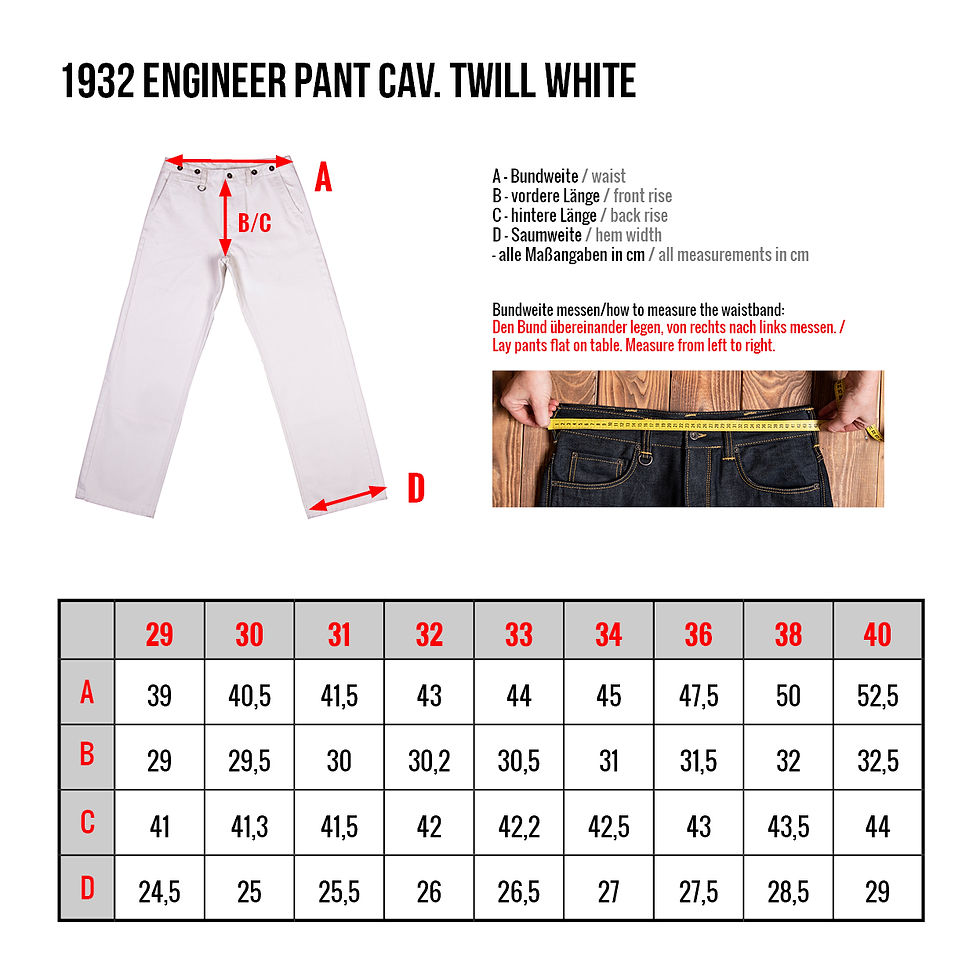 Miniature : Pantalon blanc modèle : 1932 Engineer cav twill de la marque PIKE BROTHERS guide de taille