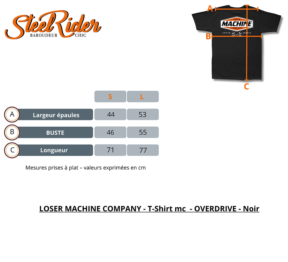 Miniature : T-shirt manches courtes noir  homme modèle: Overdrive de LOSER MACHINE COMPANY guide de taille