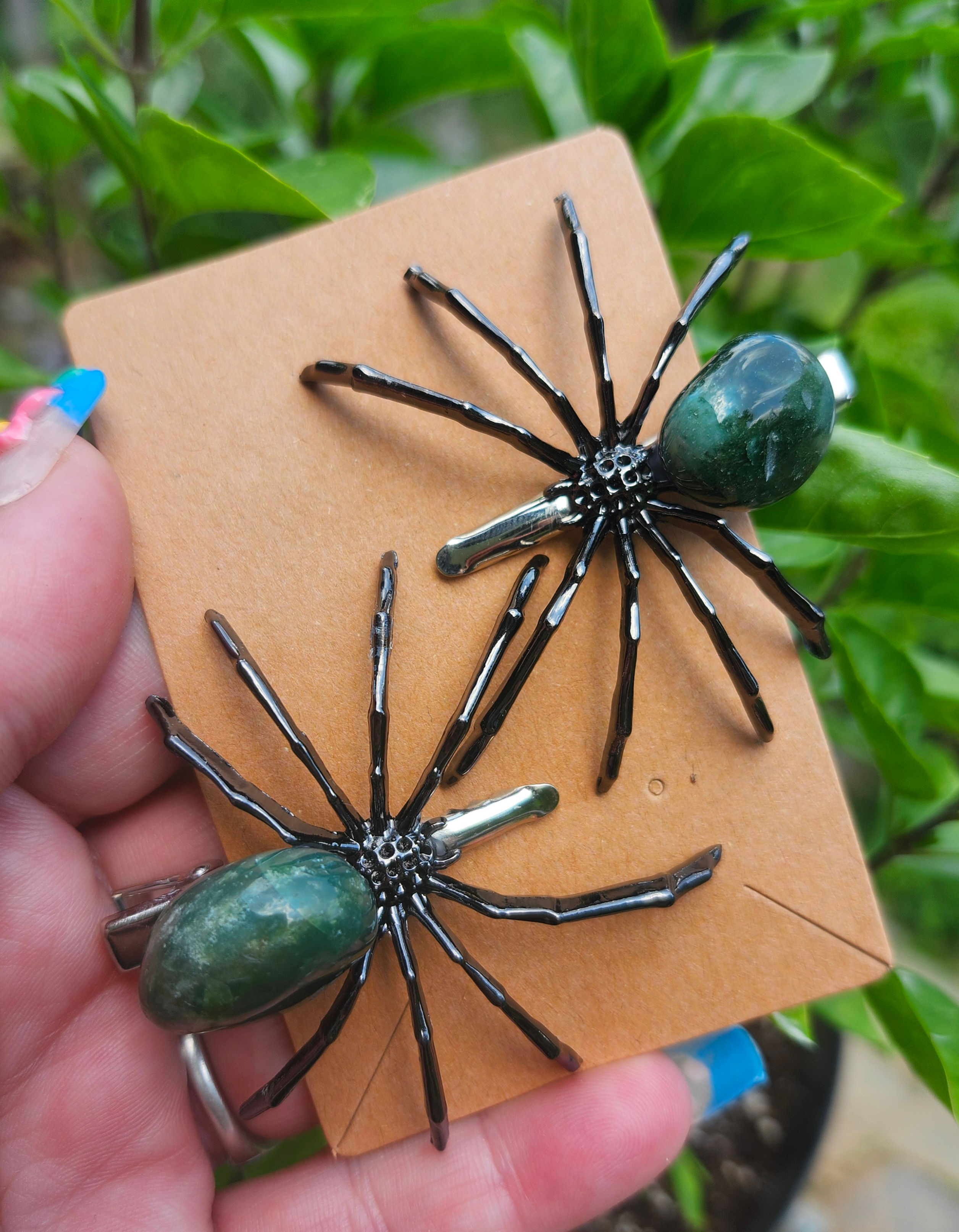 Moss Agate Spider Hair Clips