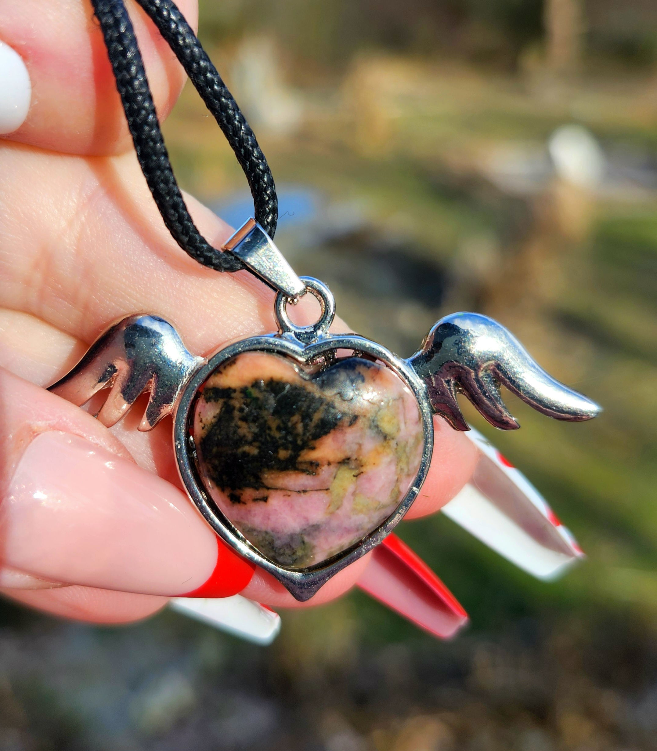 Rhodonite Winged Heart Pendant 