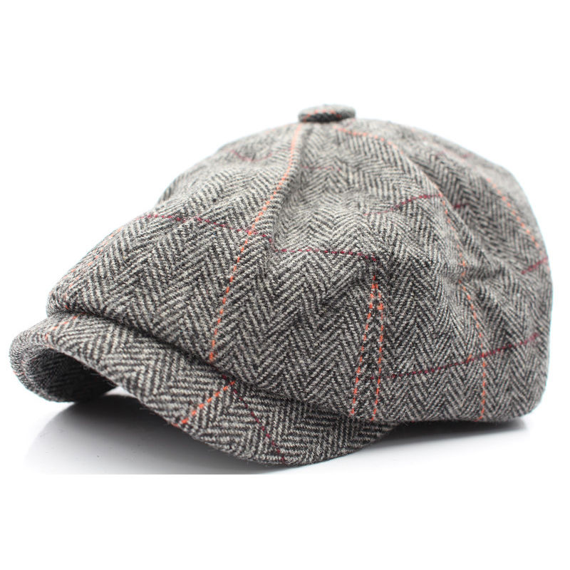 サムネイル： キャスケット帽子 ラインチェックヘリボーンキャップ ウール混ハンチング帽子メンズ レディース BN 秋冬 新作 KC3
