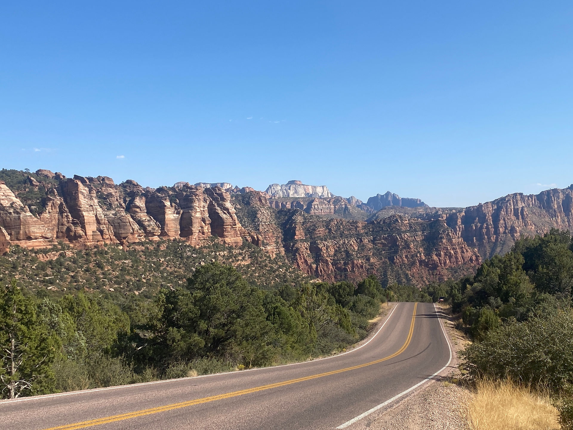 Empty Kolob Terrace Road winds thru Zion National Park.